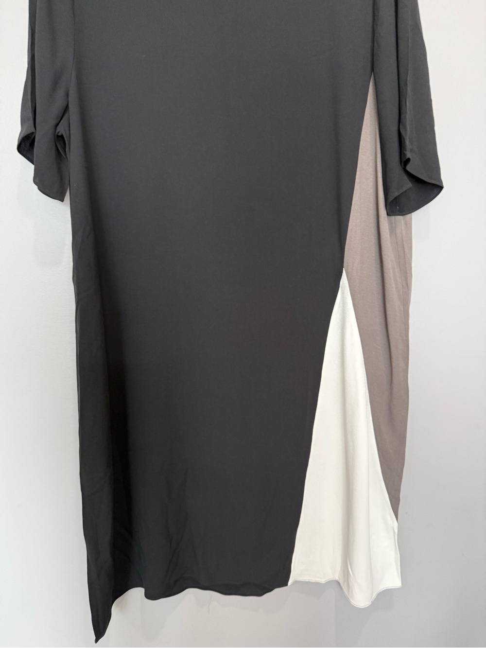 Eileen Fisher 100% Silk Color-block Georgette Shift Dress Black Gray Cream S18GC - Picture 3 of 8